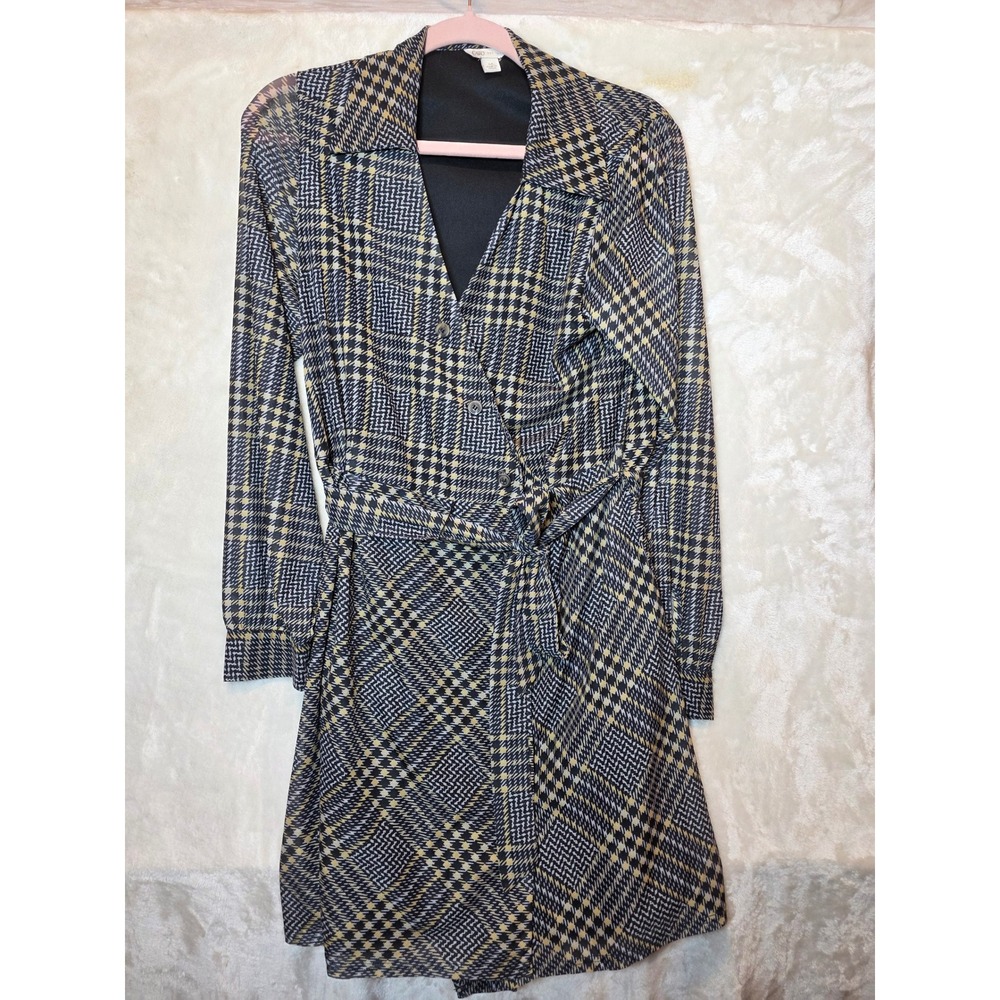 Cato Womens Medium Houndstooth Plaid Wrap Dress Mustard Black Long Sleeve Lined